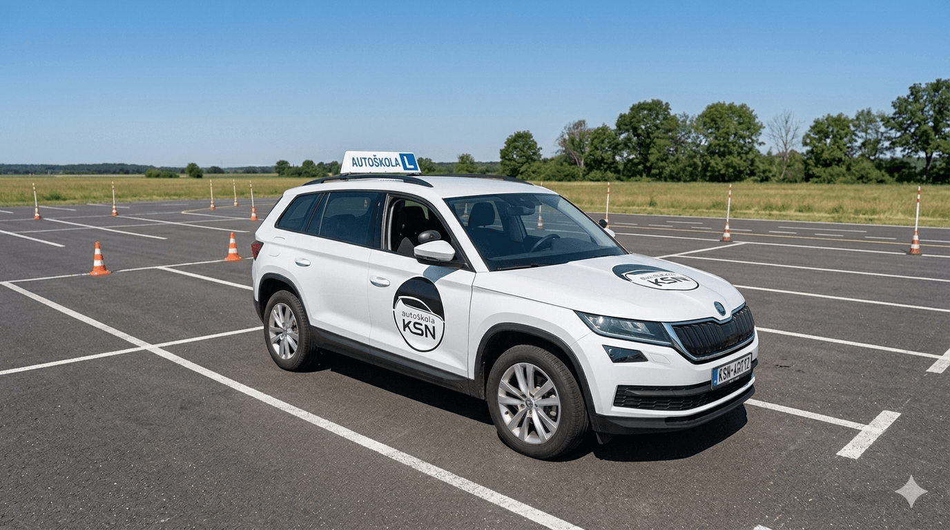 Škoda Kodiaq s označením Autoškola KSN na cvičišti s kužely