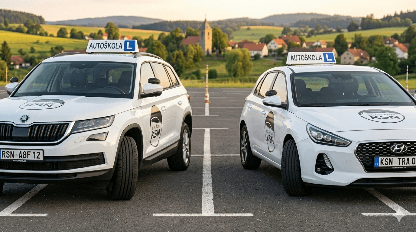 Vozidla autoškoly KSN – Škoda Kodiaq a Hyundai i30 na cvičišti
